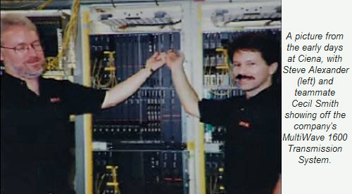 A picture from the early days at Ciena, with Steve Alexander (left) and teammate Cecil Smith showing off the company's MultiWave 1600 Transmission System