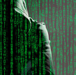 Hooded man overlaid with green code