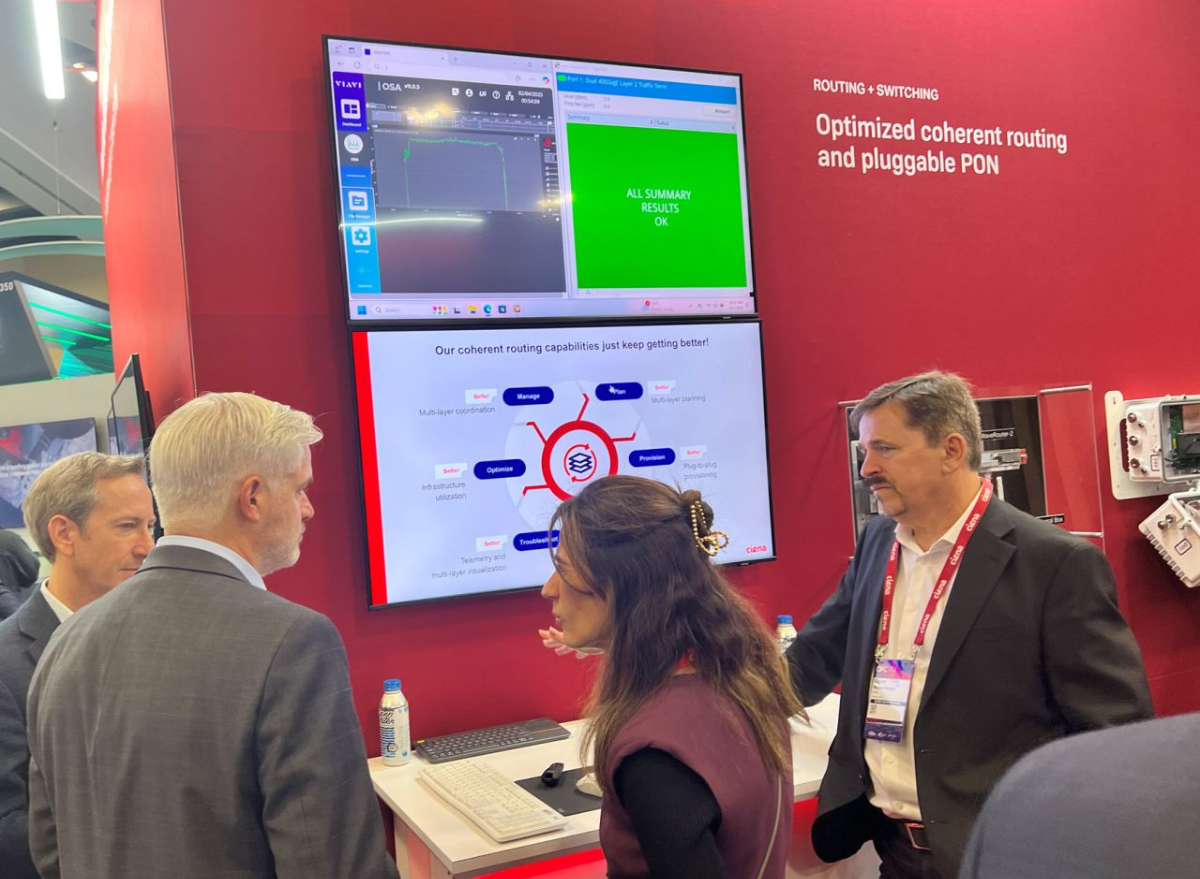 Ciena booth at OFC with crowds of people walking about