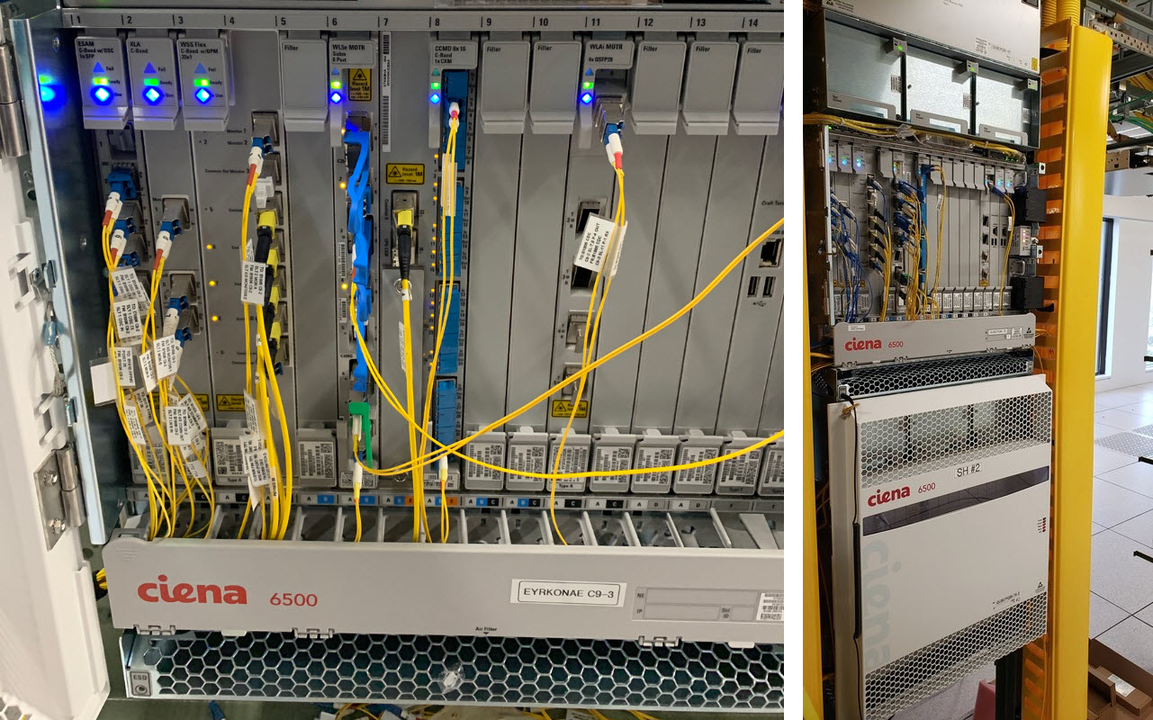 Las repisas 6500 con WaveLogic 5 Extreme de Ciena en el sitio de TELUS en Toronto (izquierda) y en la ciudad de Quebec (derecha)