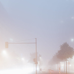 Foggy street with lit street lamps