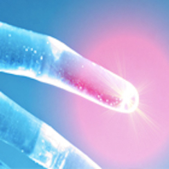 Blue transparent hand with pink light fingertip