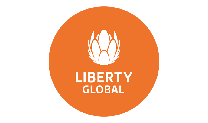 An orange circle with the words liberty global in the middle in white letters