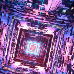 Purple and blue computer chips in a cube shape