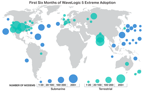 Map+showing+general+locations+of+the+first+six+months+of+WaveLogic+5+Extreme+adoption