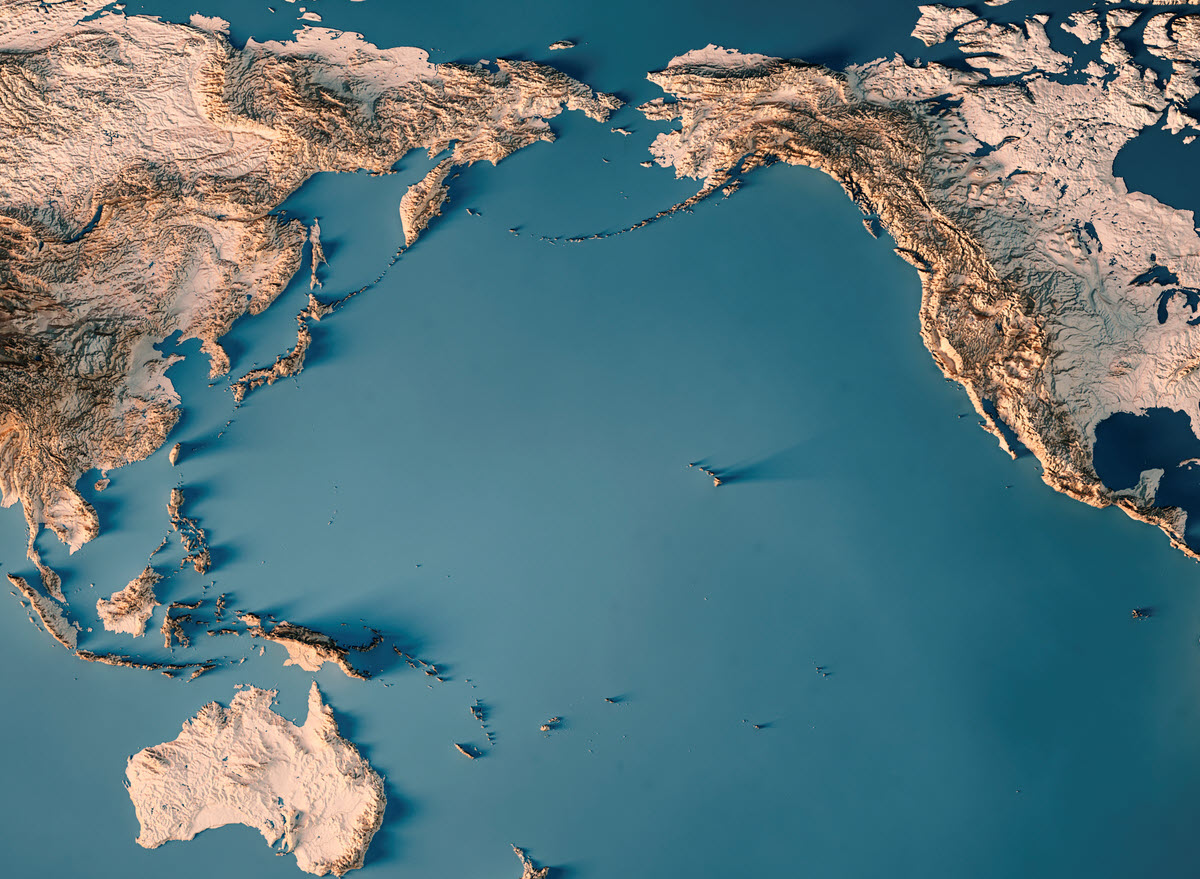 World Map Pacific Center 3D Render Topographic Map