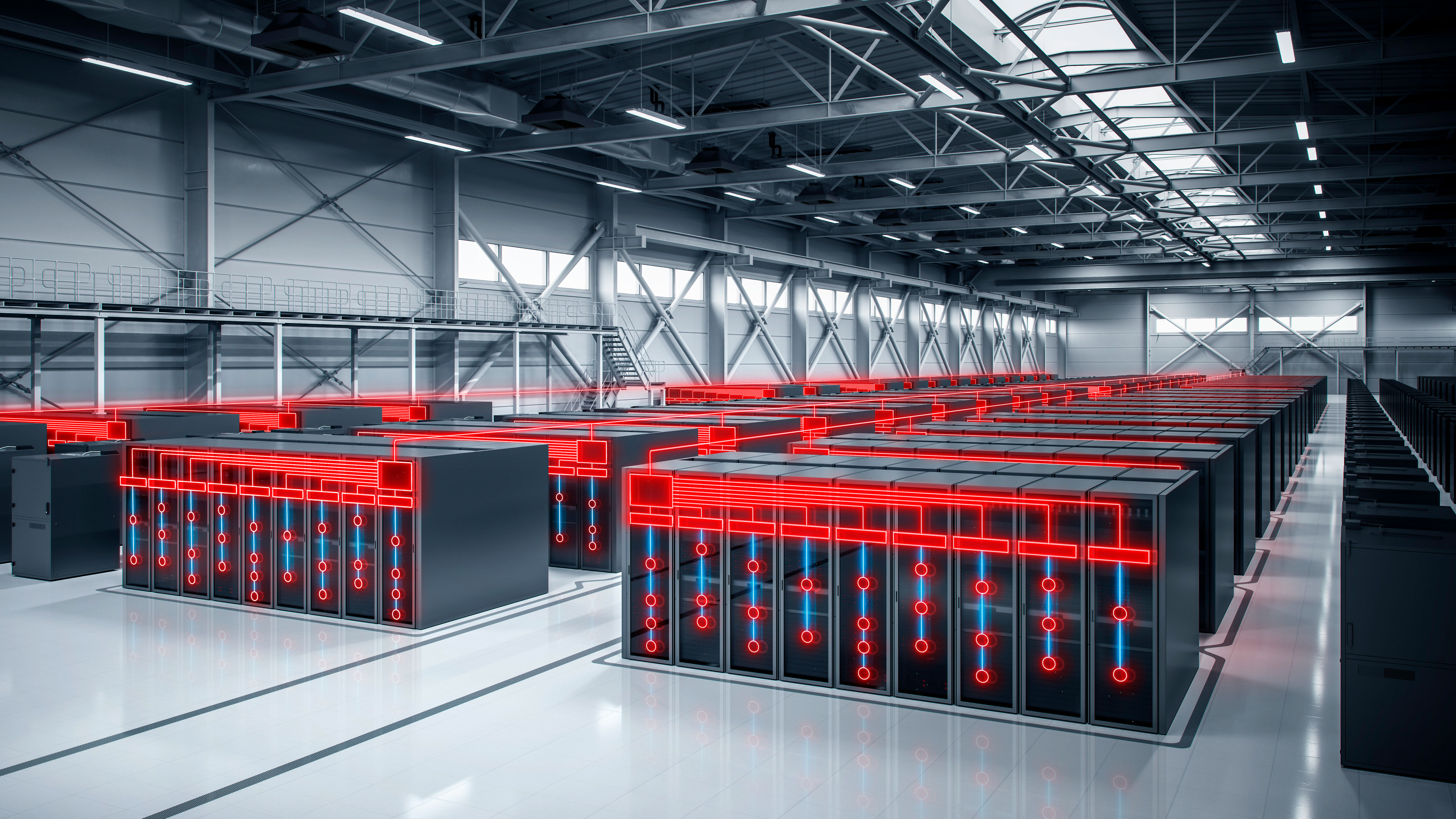 Large-scale data center with interconnected server racks and high-capacity optical networking, enabling AI workloads, cloud connectivity, managed operations, and secure data transport across digital infrastructure.