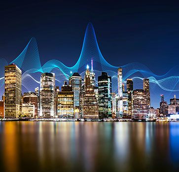 Nightscape of a city/downtown in blue hue
