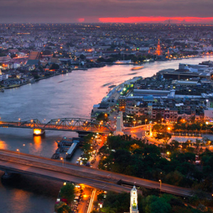 River and cityscape at dusk