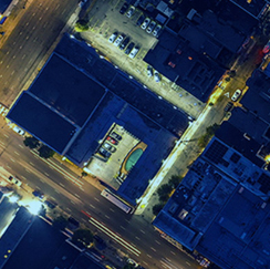 Parking lots and buildings, aerial view