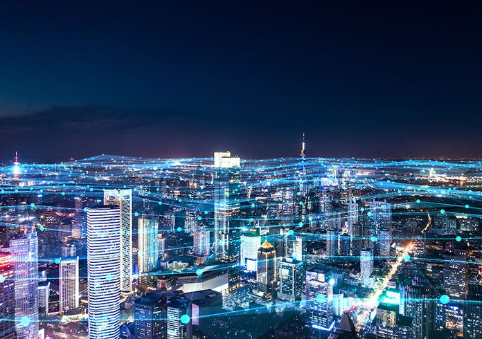 Aerial cityscape with optical connectivity lines