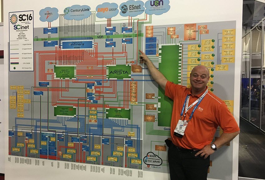 Ciena's Marc Lyonnais points to network they built at SCinet's SuperComputing show