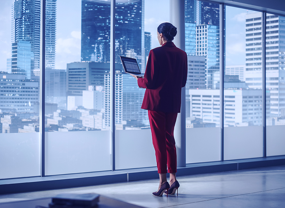 Businesswoman looking over metro area