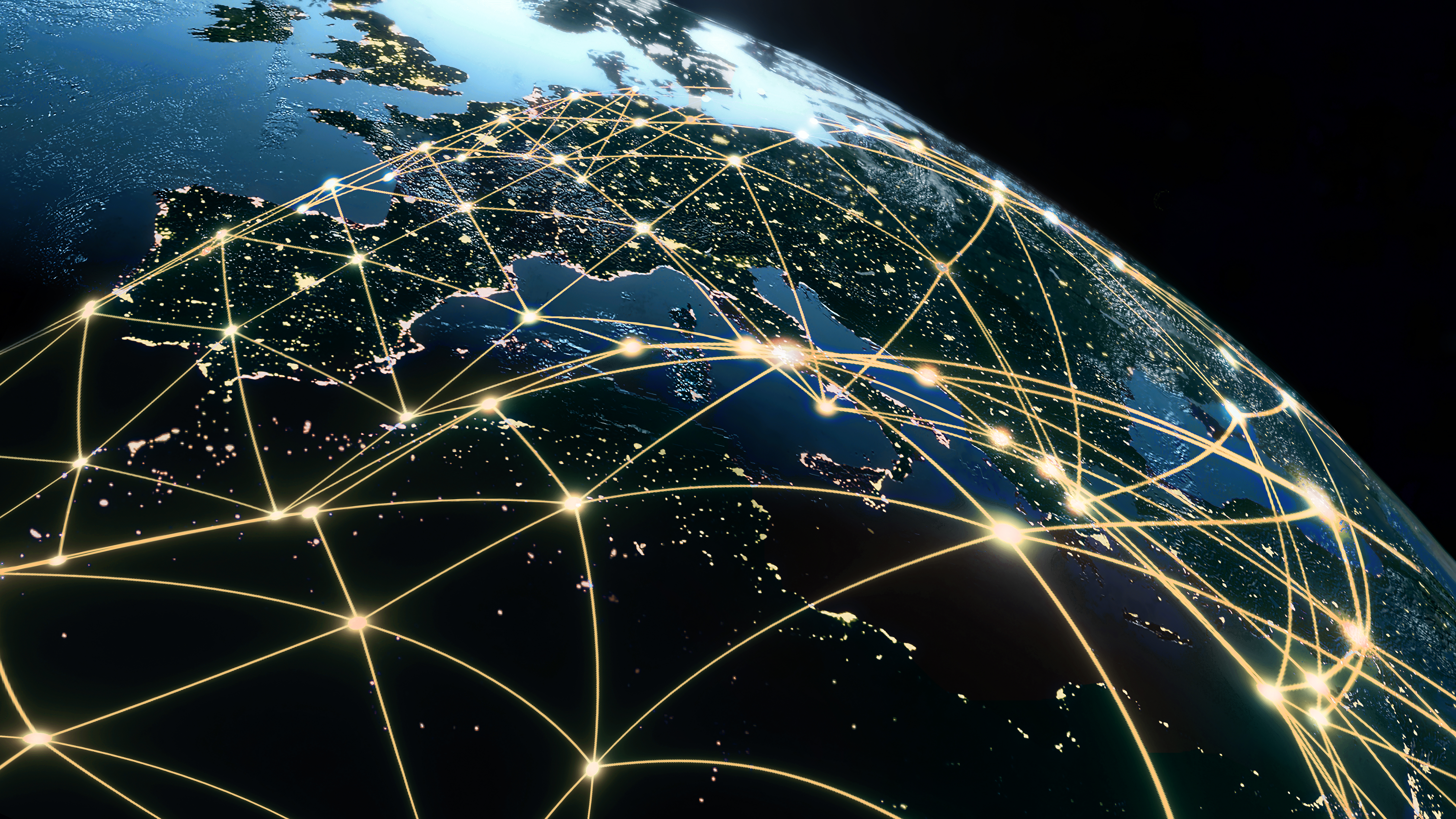 Global network connectivity visualization showing Earth with glowing data links across continents, representing high-speed network acceleration, international data transmission, and digital infrastructure.