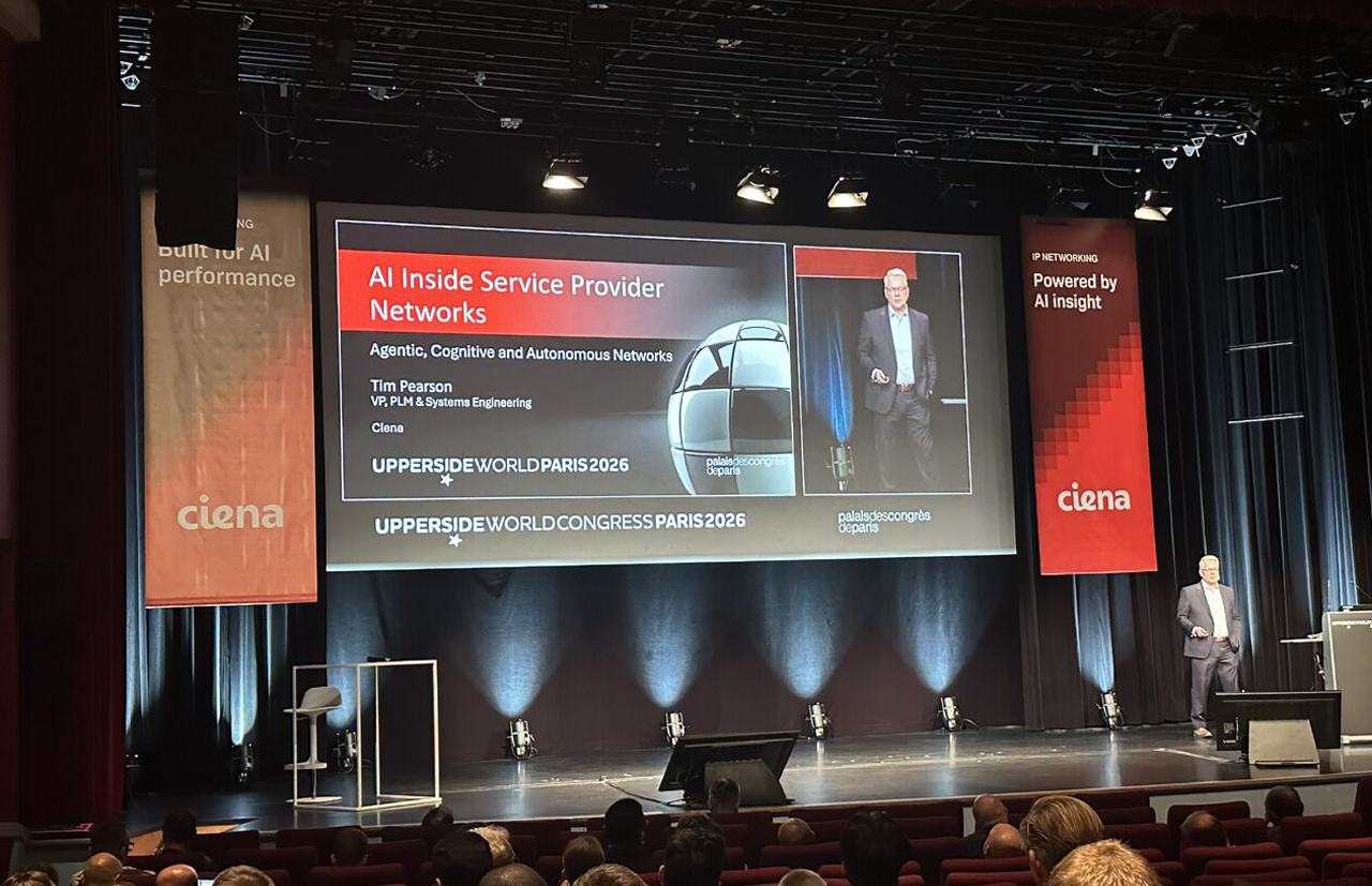 A conference presentation titled “AI Inside Service Provider Networks: Agentic, Cognitive and Autonomous Networks,” discussing the role of AI in modern telecom infrastructure and autonomous network operations.