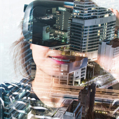 Woman virtual reality imposed on cityscape