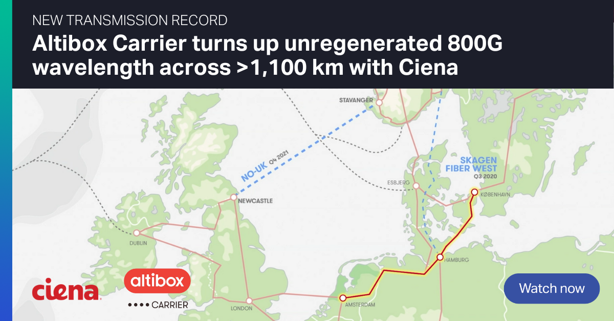 Thumbanil image of map showing Altibox Carrier turning up unregenerated 800G wavelength across >1,100km with Ciena