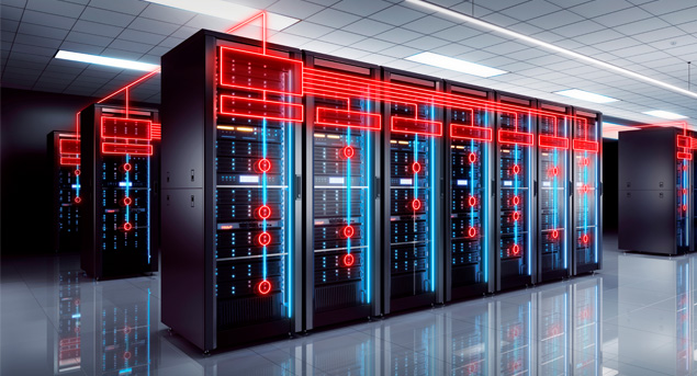 Modern data center infrastructure with interconnected server racks and high-speed optical networking, enabling secure data transmission, network automation, cloud connectivity, and managed operations services.