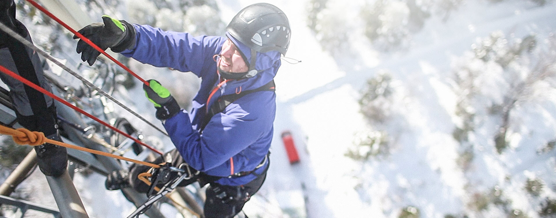 Telecommunication manual high worker engineer climbing an antenna