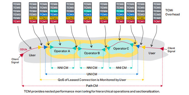 Diagram of End-to-end service monitoring with Tandem Connection Monitoring (TCM)