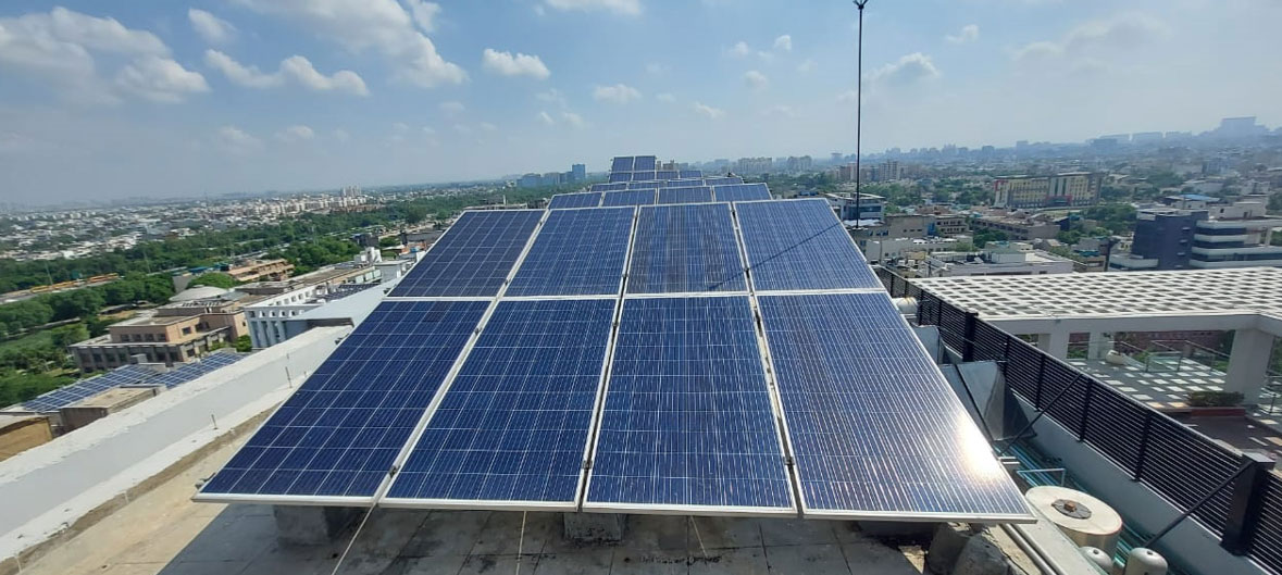 Solar panels on roof of building