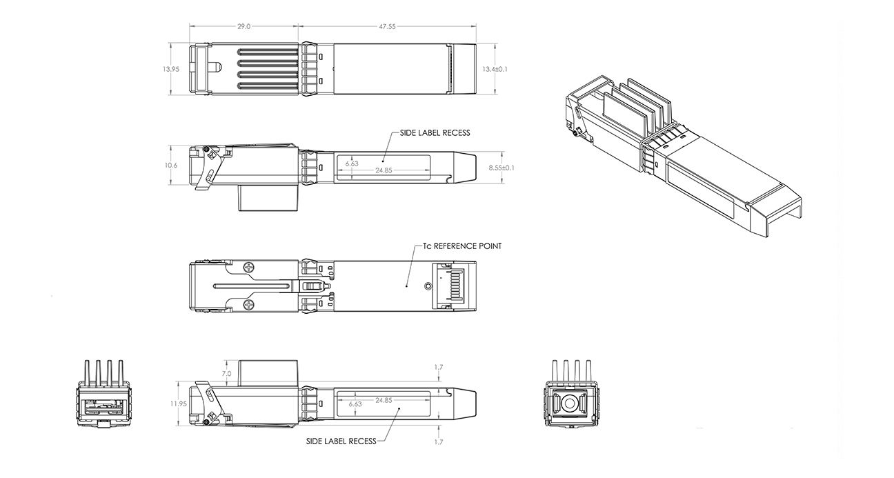 Mechanical dimensions and reference points for the DCOM OLT transceiver