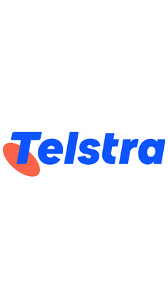 Telstra logo in blue and orange on a white background.