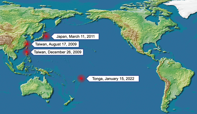 Map of Notable natural events and disasters along the Pacific Ring of Fire