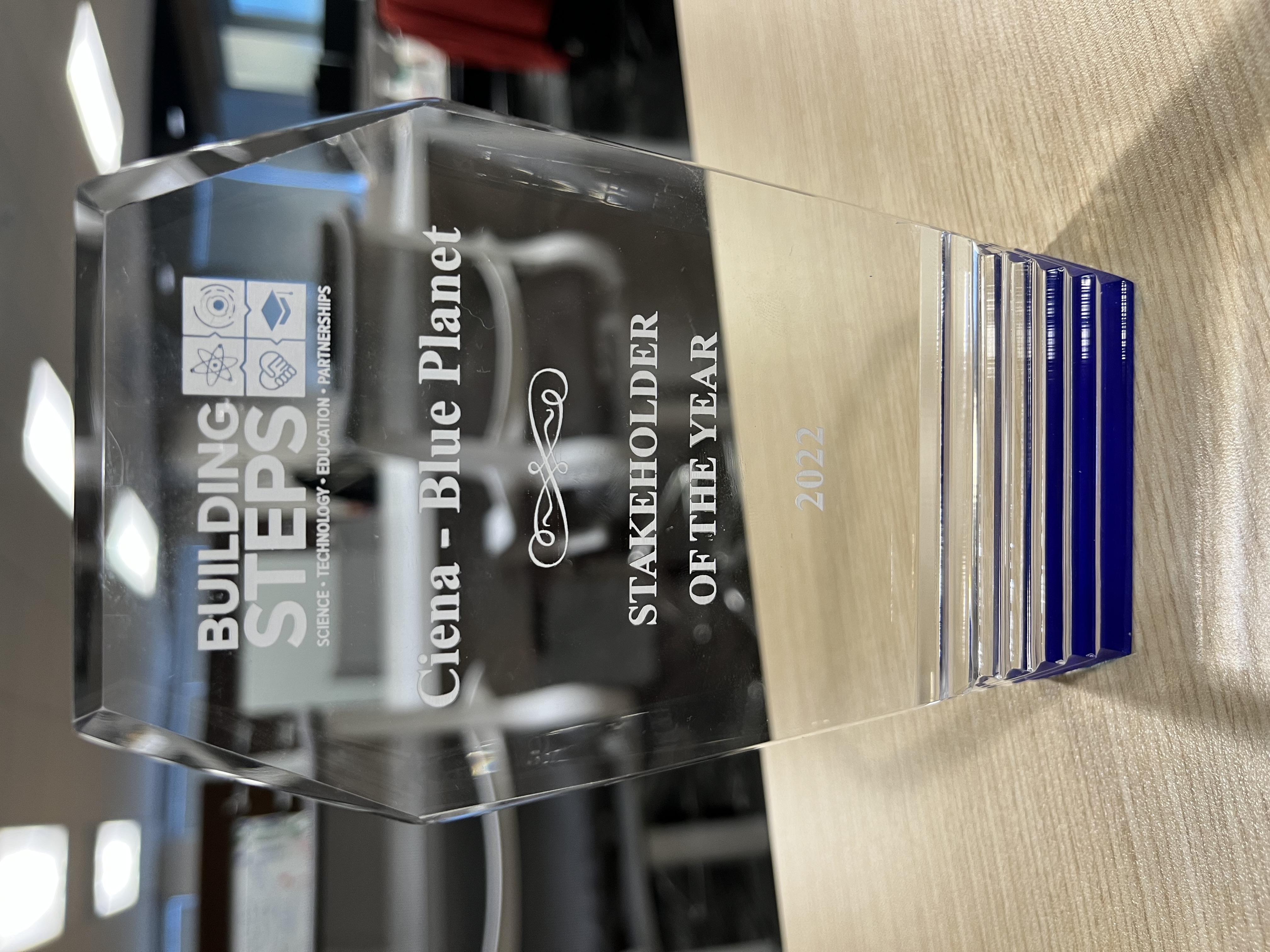 Glass award on desk 