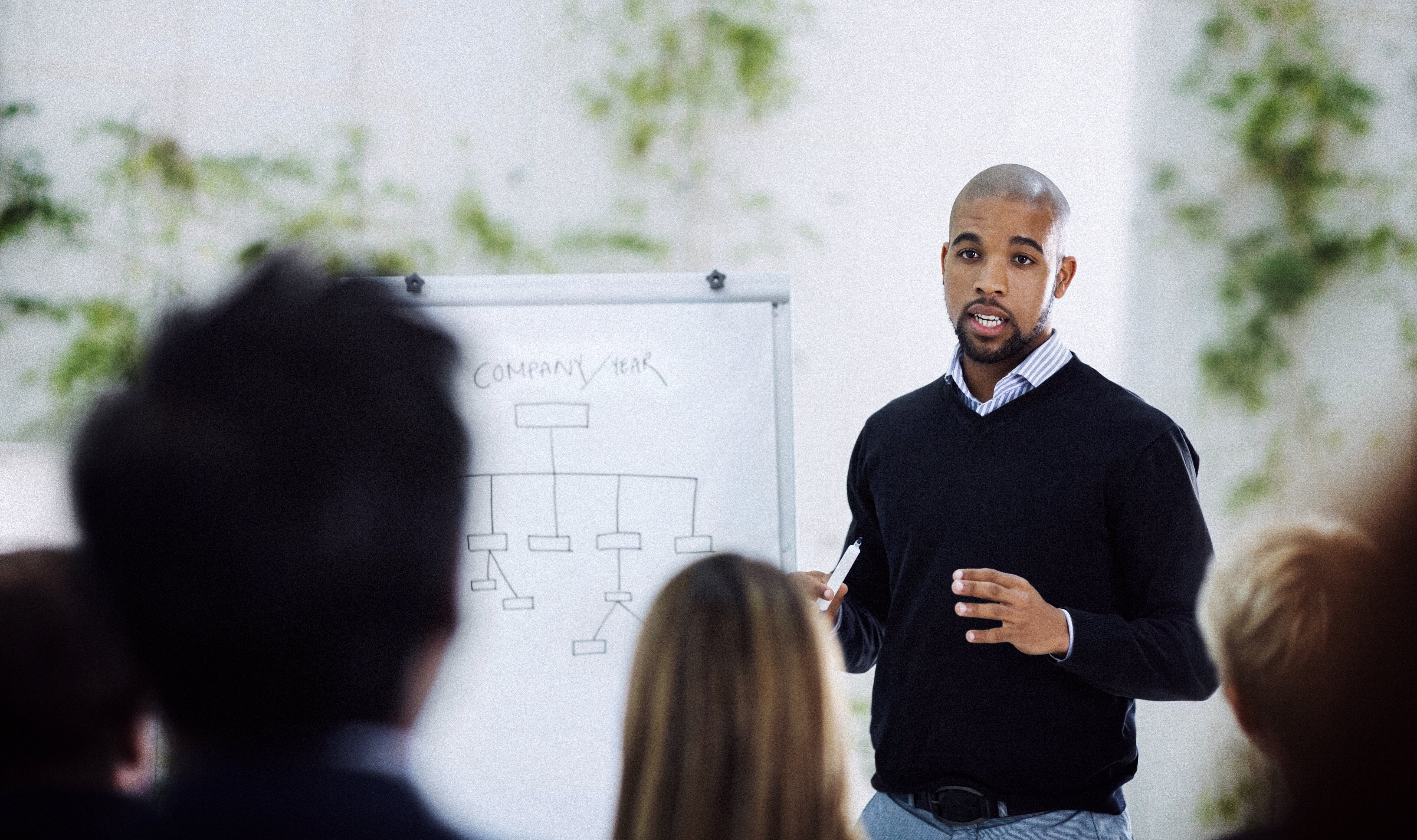 a man presenting in front of a small group of people