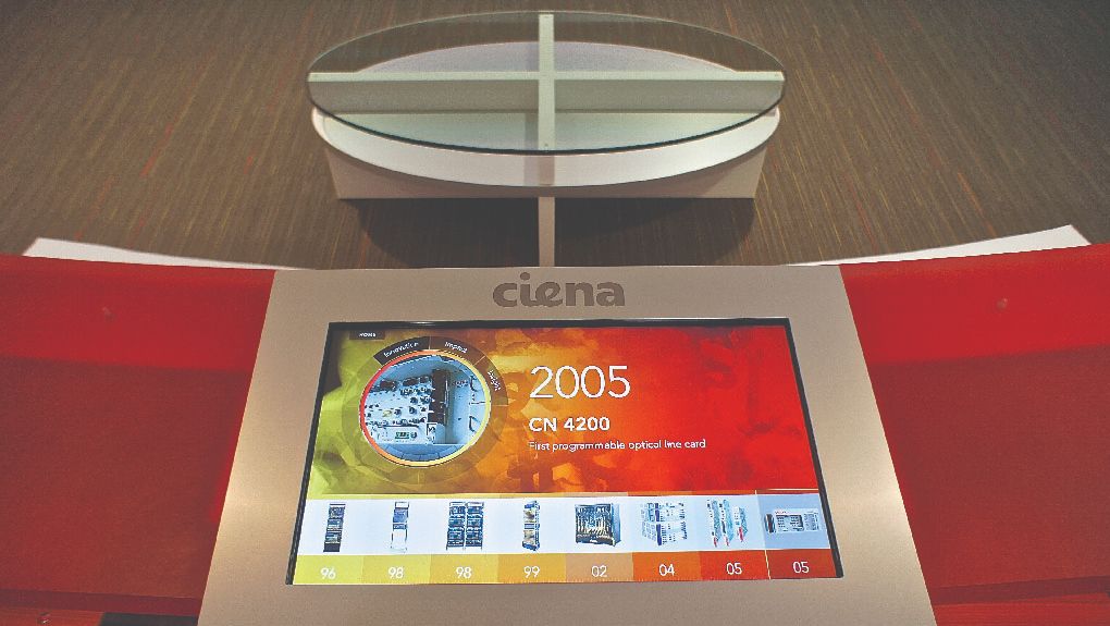 A touchscreen device showcasing Ciena products in the Executive Briefing Center
