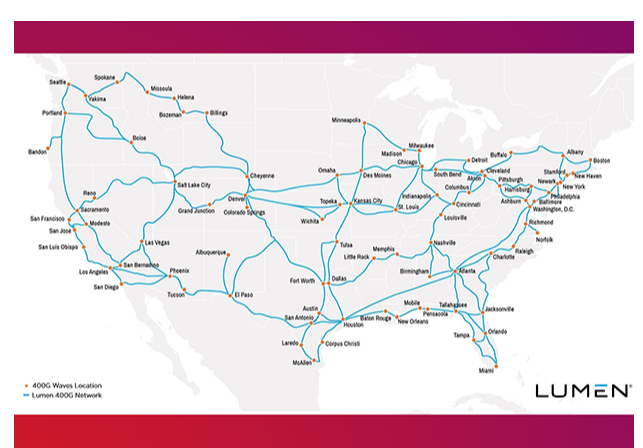 map of the United States show lumen 400ge connection 