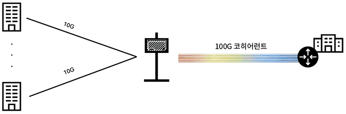 Aggregation of multiple 10G services onto a single 100G coherent transport connection.