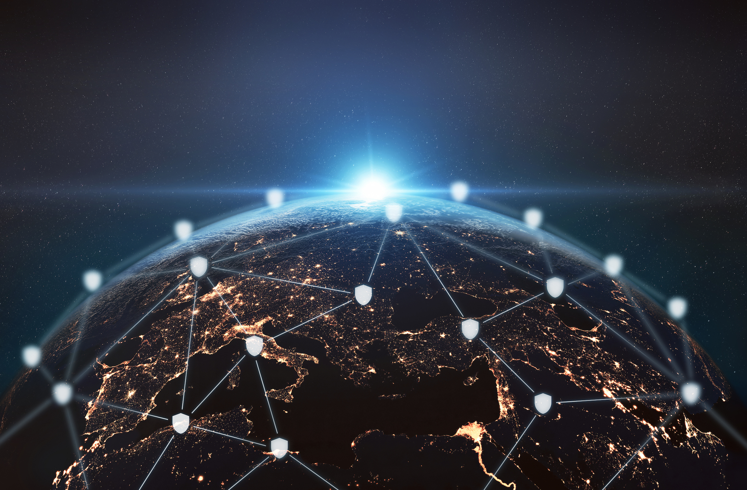 Earth viewed from space with interconnected network nodes and security shields, representing global optical networking, secure data transport, cloud connectivity, cybersecurity, and AI-driven digital infrastructure.