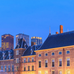 Lighted buildings at dusk